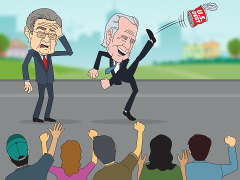 Image of President Biden kicking the national debt can down the road while a disappointed Jerome Powell watches.